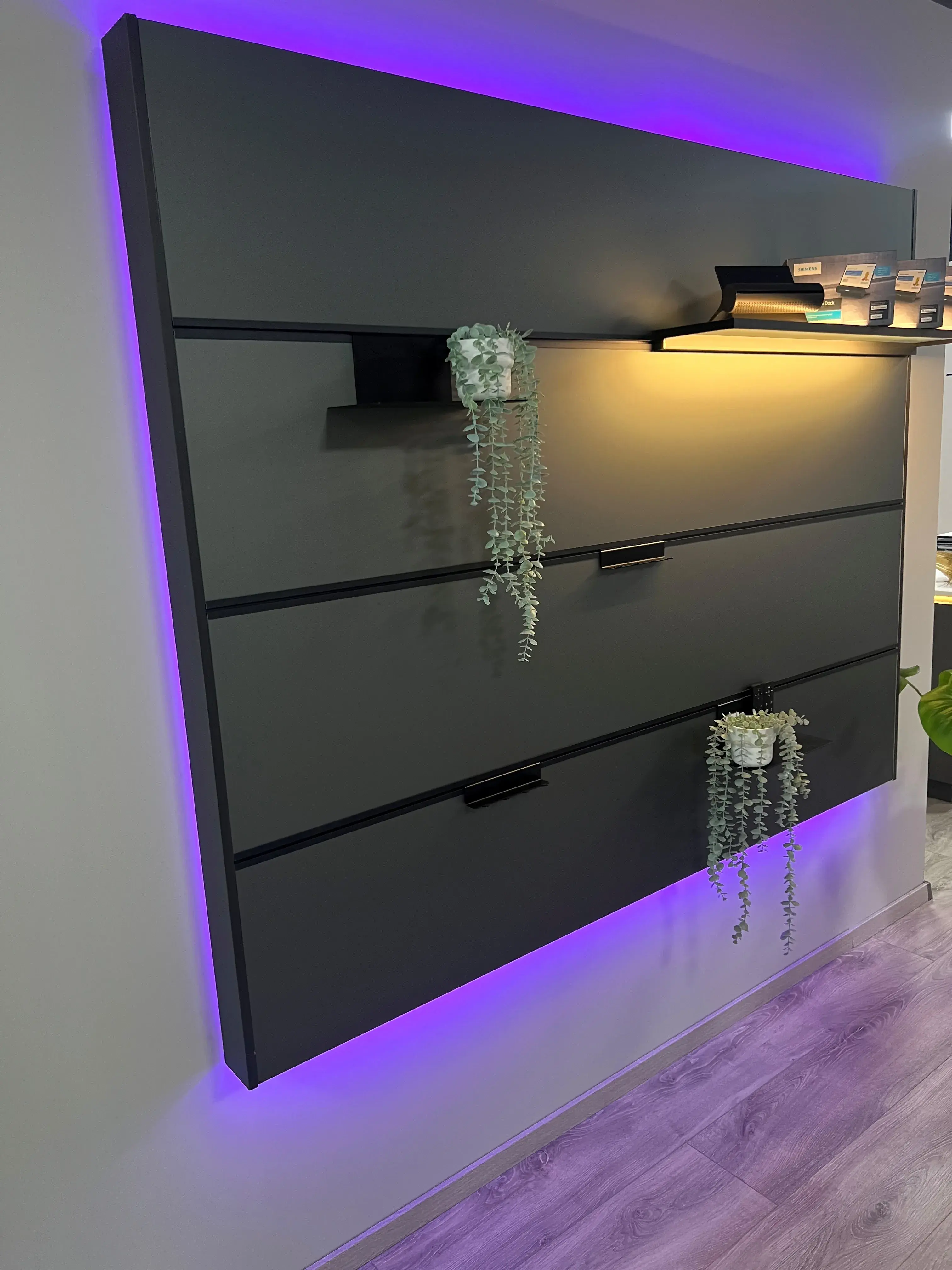 Stromführendes Wandsystem mit modular andockbaren Elementen wie Regalböden mit Leuchten