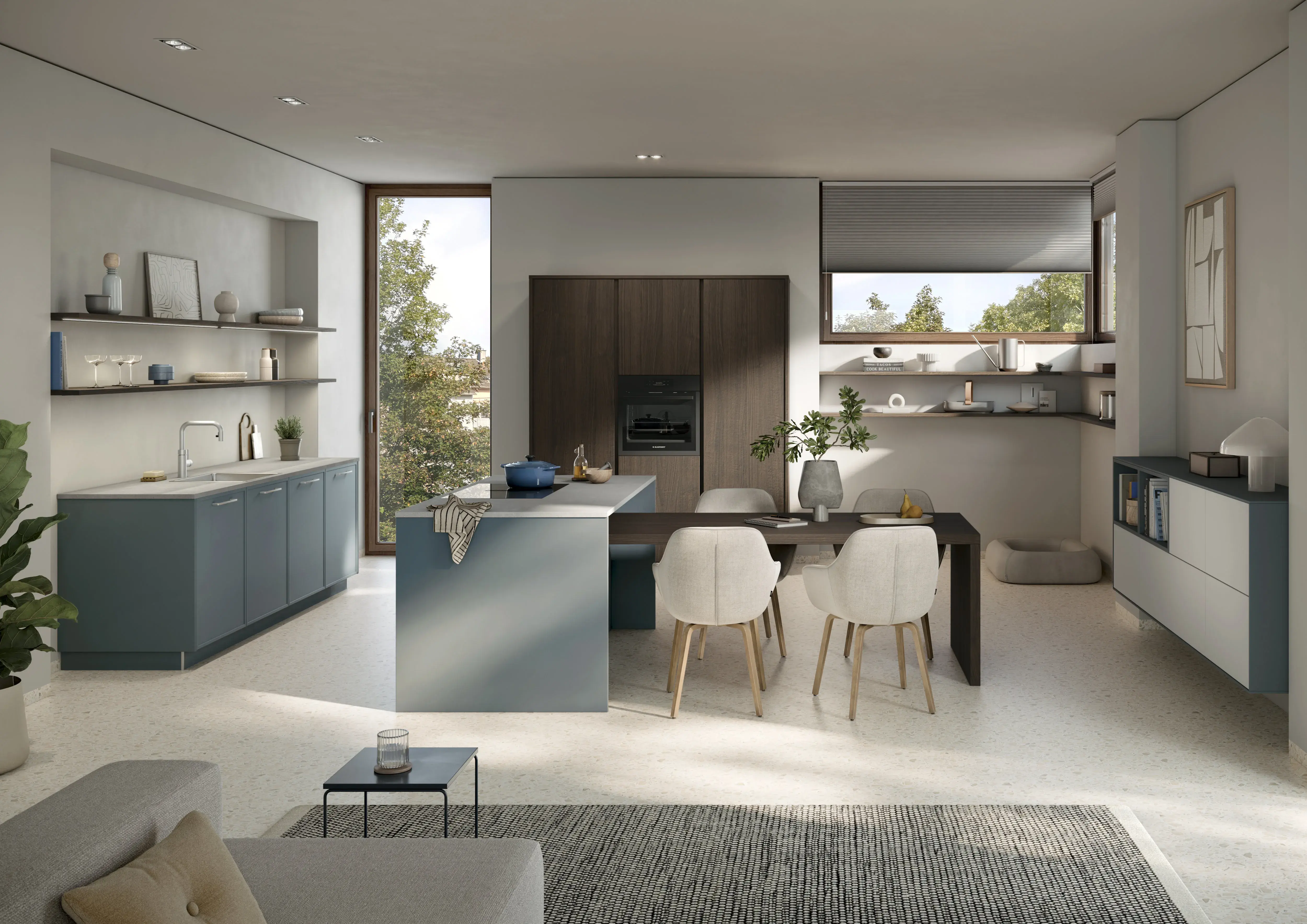 Häcker Concept 130 Goya Enzianblau Walnuss-Gerätehochschrank Kochinsel-Esstisch-Kombi